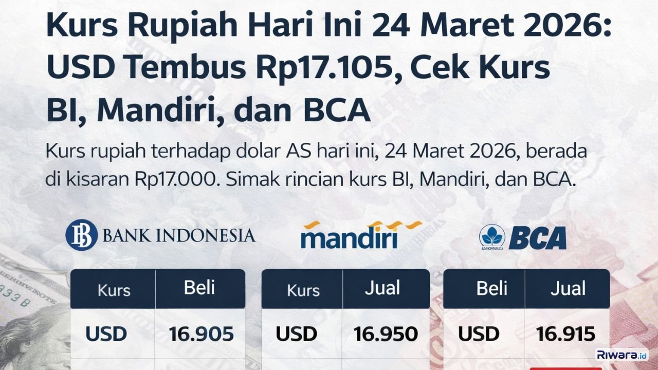 Ilustrasi pergerakan nilai tukar rupiah terhadap dolar Amerika Serikat di pasar keuangan, Selasa (24/3/2026), dengan kurs yang masih bertahan di atas level Rp17.000 per dolar AS.